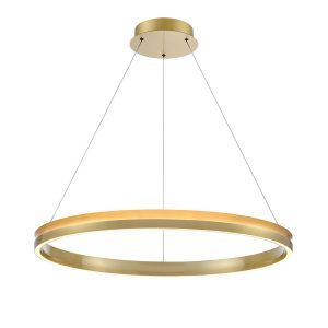 Eternity large satin brass LED ceiling pendant ring by Franklite, on white background, lit.