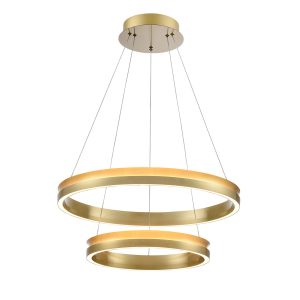 Eternity 2-tier modern satin brass LED ceiling pendant by Franklite, on white background, lit.