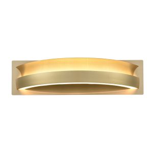 Eternity LED modern satin brass single wall light by Franklite, on white background, lit.