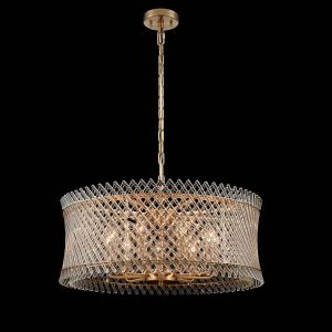 Franklite Ethereal 9 light modern chandelier in aged brass with glass rods, full drop on black background.