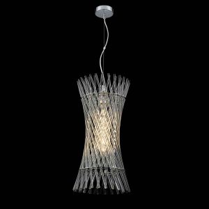 Franklite Ethereal single contemporary pendant in polished chrome with glass rods, on black background.