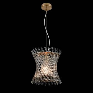 Franklite Ethereal single contemporary pendant in aged brass with glass rods, on black background.