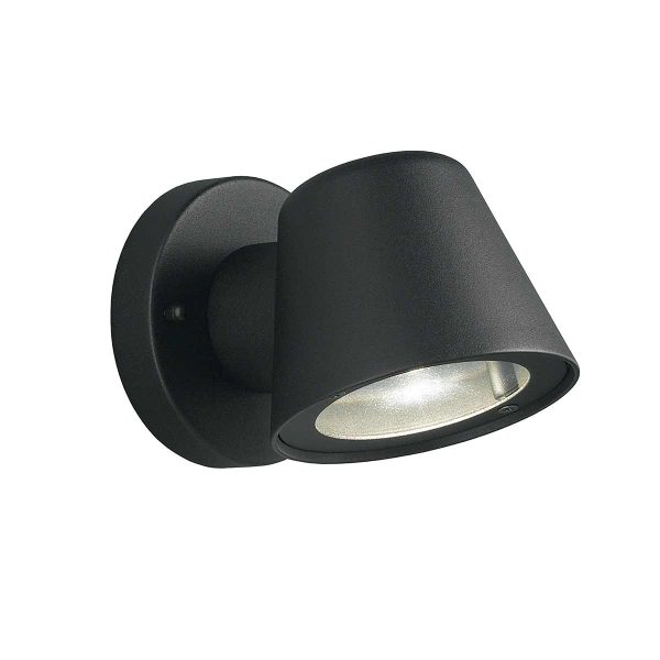 Franklite modern 1 light small outdoor wall down spotlight in black on white background.