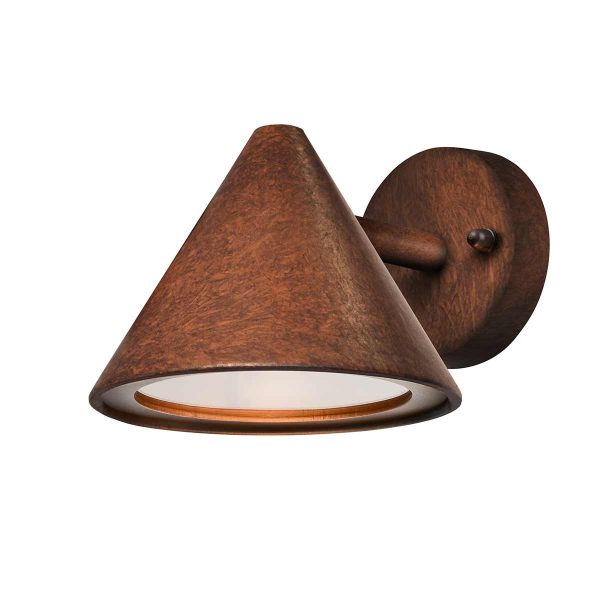 Franklite Exto small modern exterior wall down light in antique copper on white background.