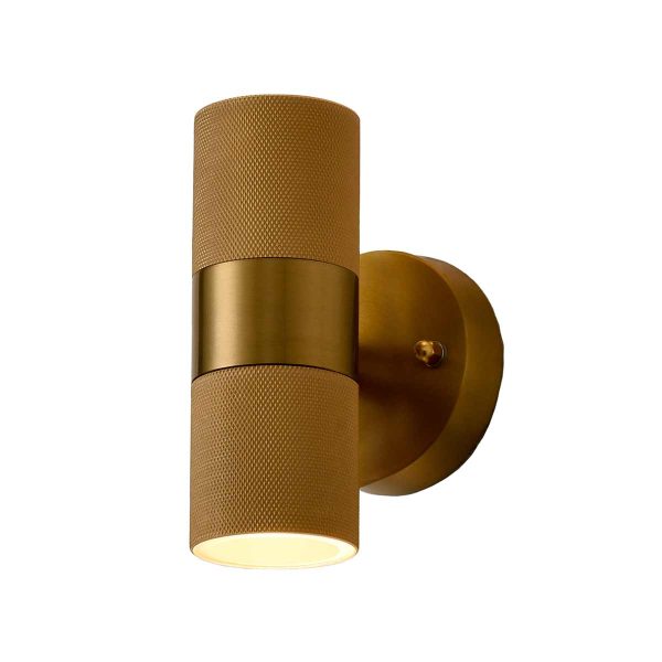 Franklite Exto small modern exterior wall up and down light in aged brass on white background.