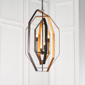 Large 4 light geometric chandelier in aged bronze and antique gold main image