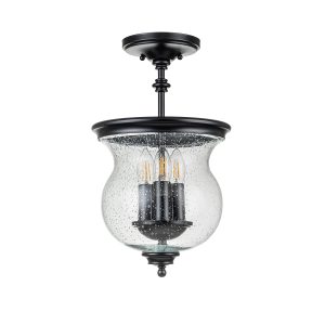 Feiss Pickering Lane 3 light semi flush chain lantern in black, shown mounted semi flush on white background.
