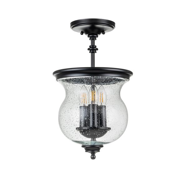 Feiss Pickering Lane 3 light semi flush chain lantern in black, shown mounted semi flush on white background.