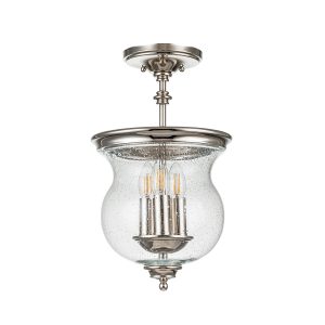 Feiss Pickering Lane 3 light semi flush chain lantern in polished nickel, shown semi flush on white background.