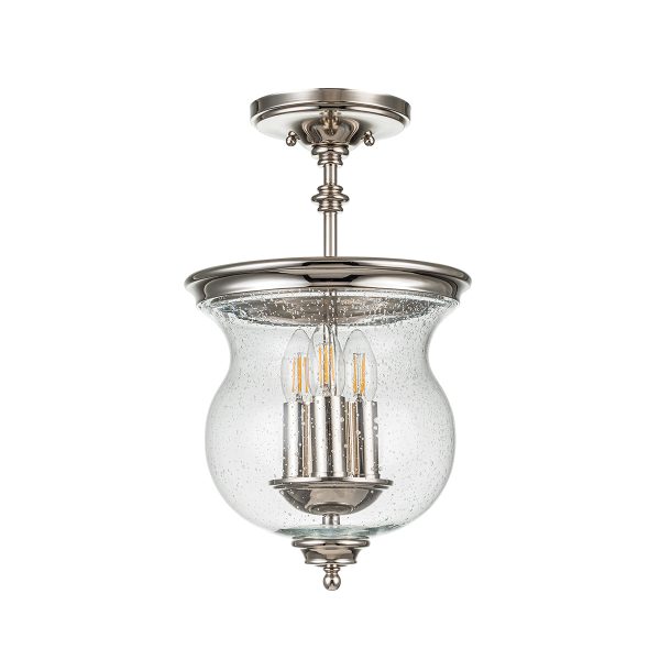 Feiss Pickering Lane 3 light semi flush chain lantern in polished nickel, shown semi flush on white background.