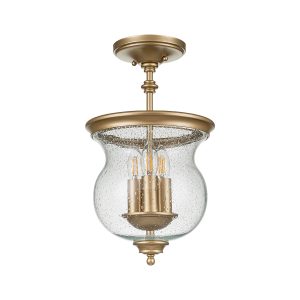 Feiss Pickering Lane 3 light semi flush chain lantern in painted natural brass, shown mounted semi flush on white background.