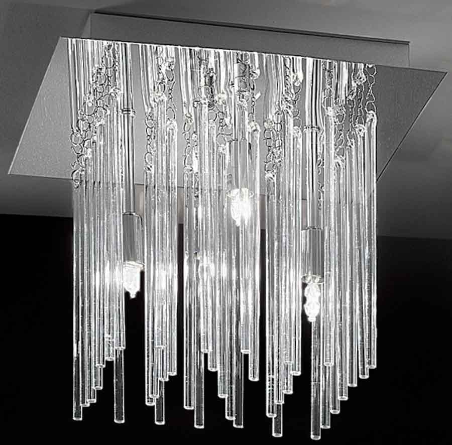 Modern 4 Lamp Flush Low Ceiling Light Chrome Smooth Glass Rods