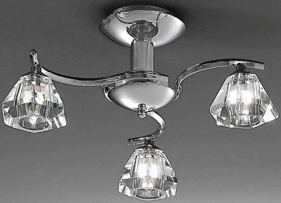 Modern 3 Arm Semi Flush Low Ceiling Light Chrome Crystal Glass Shades