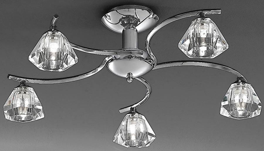 Modern 5 Arm Semi Flush Low Ceiling Light Chrome Crystal Glass Shades