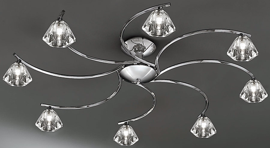 Modern 8 Arm Semi Flush Low Ceiling Light Chrome Crystal Glass Shades