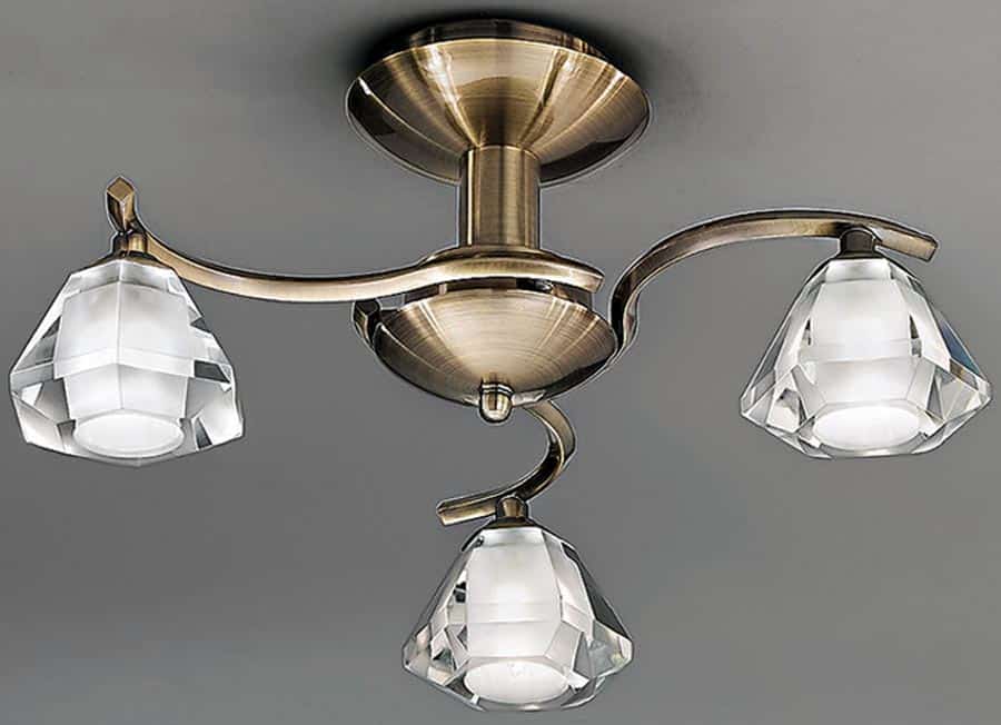 Modern 3 Arm Semi Flush Low Ceiling Light Bronze Crystal Glass Shades