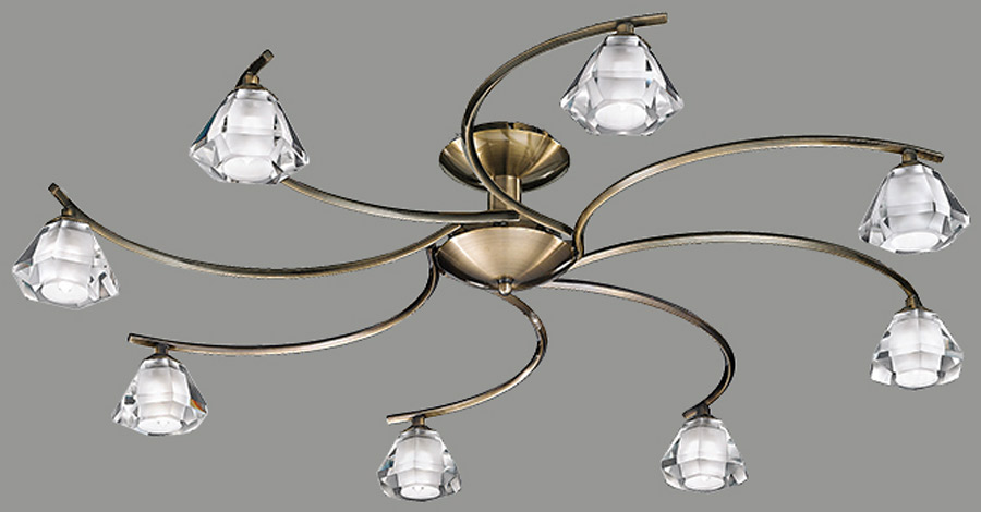 Modern 8 Arm Semi Flush Low Ceiling Light Bronze Crystal Glass Shades