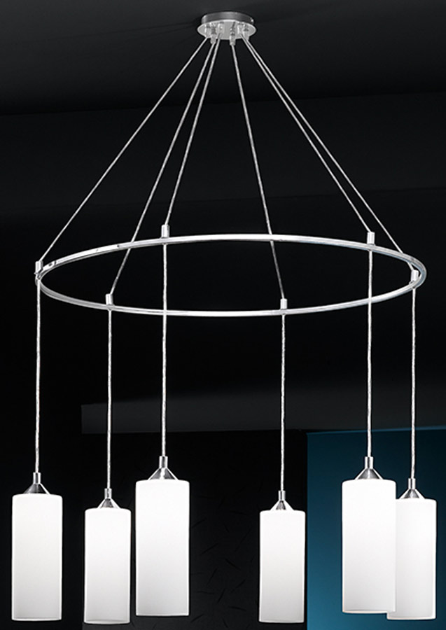 Contemporary 6 Light Pendant Chandelier Chrome Opal Glass Shades