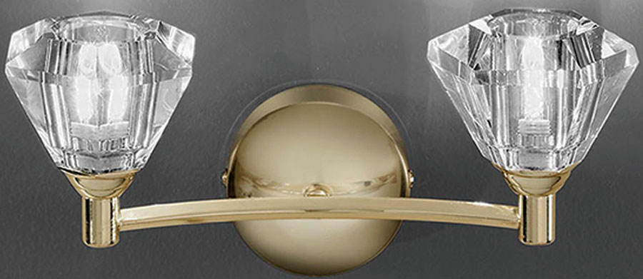 Modern Classic 2 Lamp Twin Wall Light Polished Brass Crystal Shades