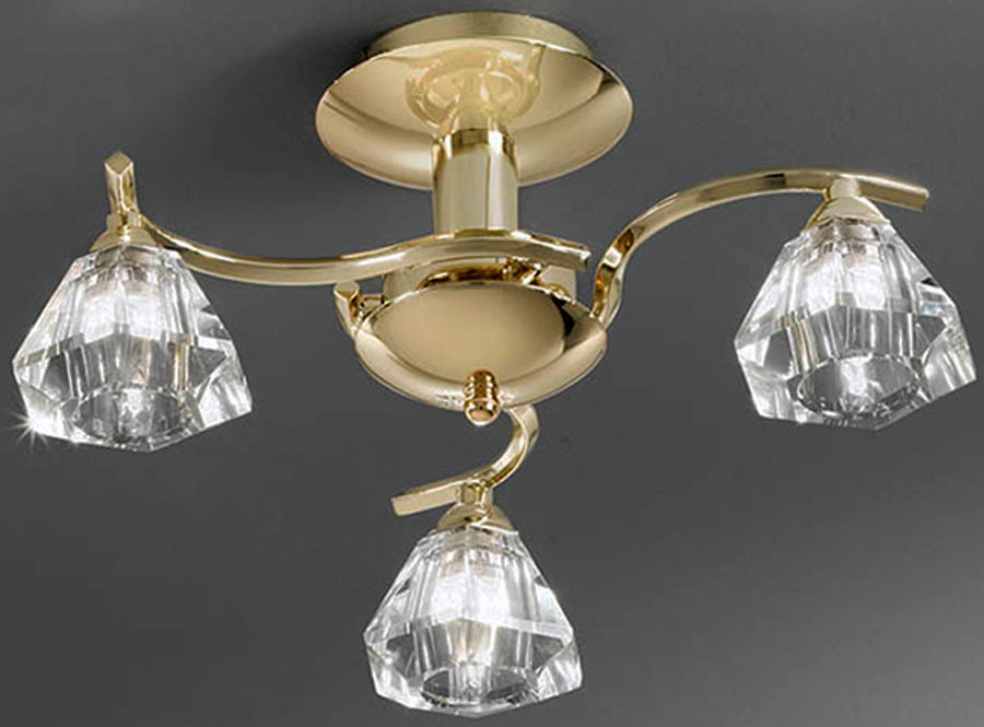 Modern 3 Arm Semi Flush Low Ceiling Light Polished Brass Crystal Shades