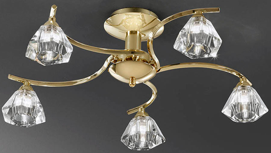 Modern 5 Arm Semi Flush Low Ceiling Light Polished Brass Crystal Shades