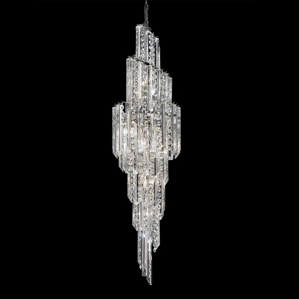 Valentina large Art Deco style 11 light Italian crystal spiral chandelier in polished chrome, on a black background.