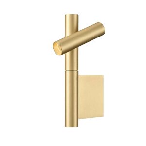Franklite Fabula LED contemporary wall reading light in satin brass, on white background.