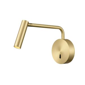 Fabula LED satin brass adjustable wall reading light, on white background.