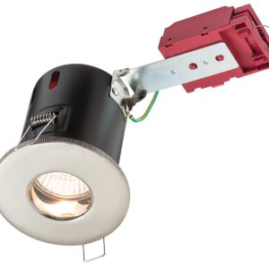 Mains voltage brushed chrome finish fire rated bathroom shower down light