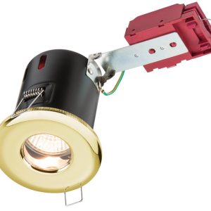 Mains voltage polished brass fire rated bathroom shower down light
