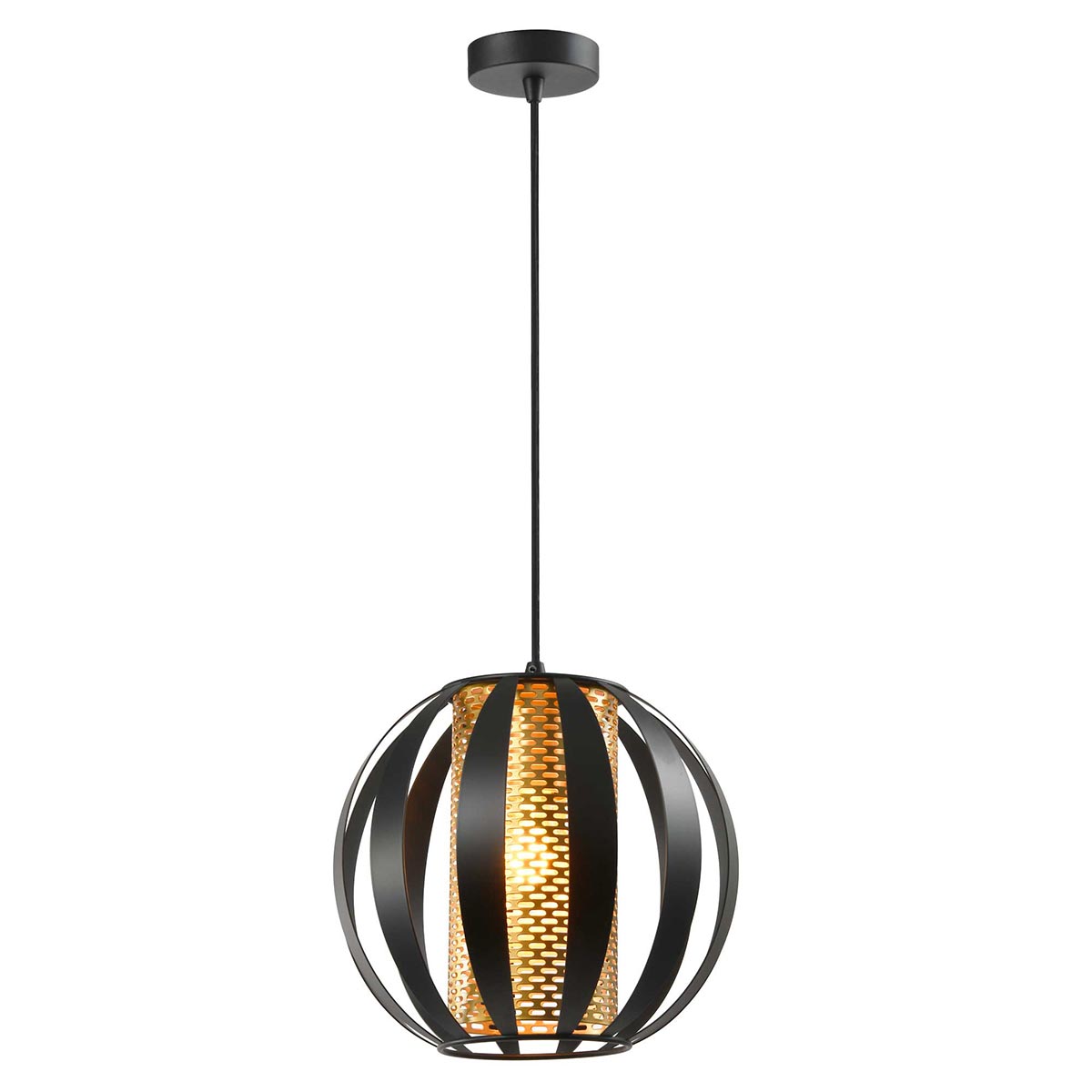 Franklite Flare black and gold small single pendant or flush light, on white background.