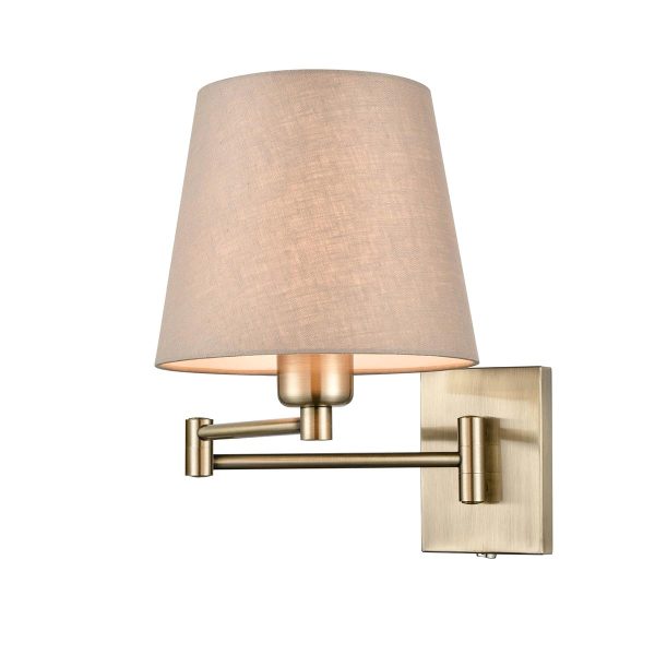 Franklite Francis dual hinged swing arm bedside wall light in bronze finish with taupe shade on white background.