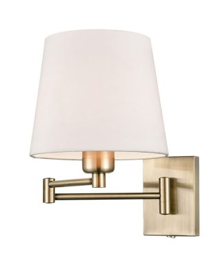 Franklite Francis dual hinged swing arm bedside wall light in bronze finish with off-white shade on white background.