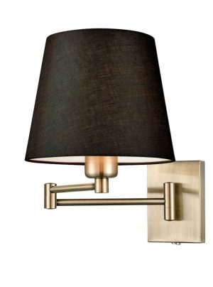 Francis dual hinged swing arm bedside wall light in bronze finish with black shade on white background.
