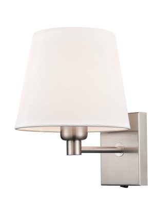 Franklite Francis switched bedside wall light in satin nickel finish with off-white shade on white background.