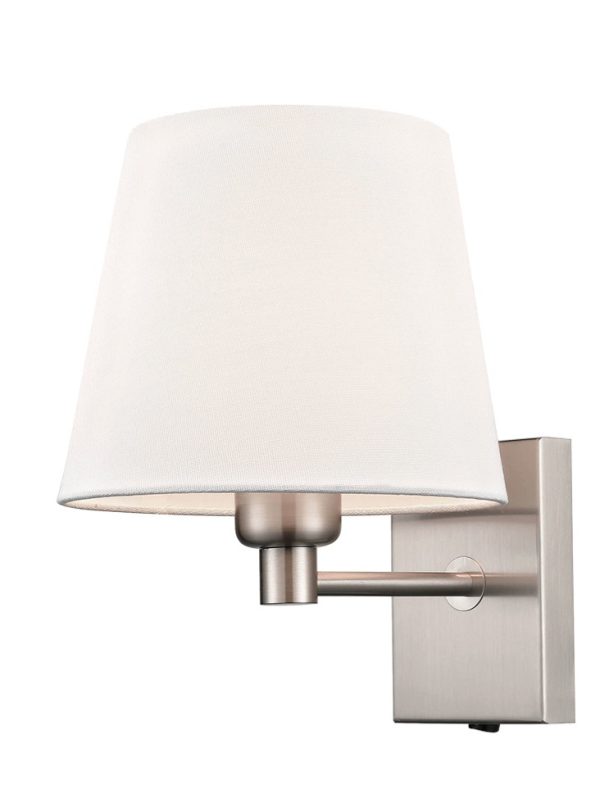 Franklite Francis switched bedside wall light in satin nickel finish with off-white shade on white background.