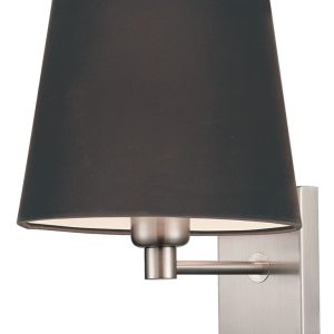 Franklite Francis switched bedside wall light in satin nickel finish with black shade on white background.