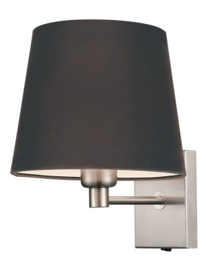Franklite Francis switched bedside wall light in satin nickel finish with black shade on white background.