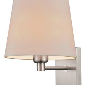 Franklite Francis switched bedside wall light in satin nickel finish with taupe shade on white background.