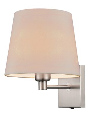 Franklite Francis switched bedside wall light in satin nickel finish with taupe shade on white background.