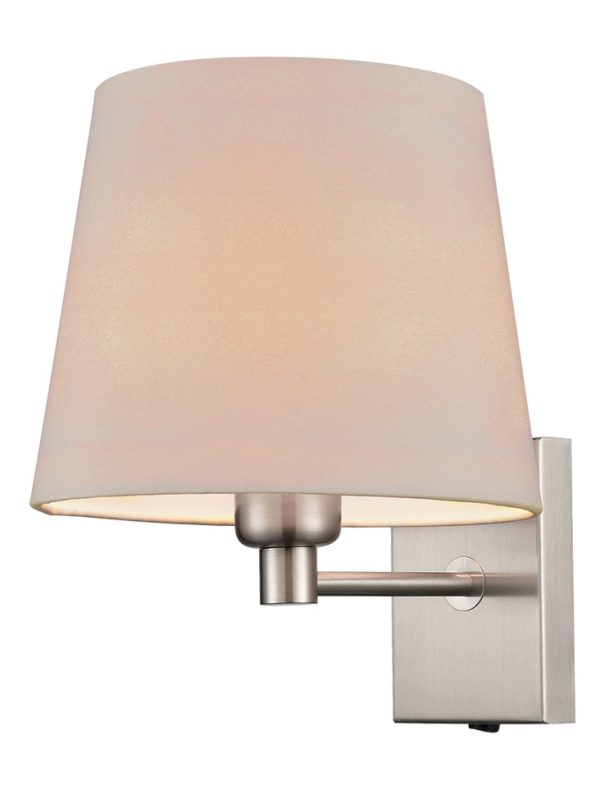 Franklite Francis switched bedside wall light in satin nickel finish with taupe shade on white background.