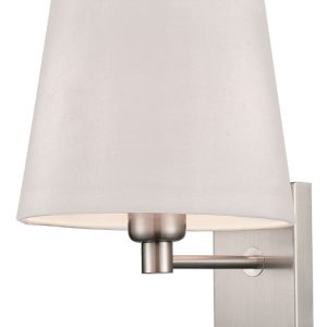 Franklite Francis switched bedside wall light in satin nickel finish with grey shade on white background.