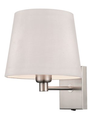 Franklite Francis switched bedside wall light in satin nickel finish with grey shade on white background.