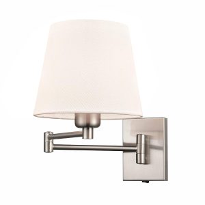 Franklite Francis dual hinged swing arm wall light in satin nickel on white background.