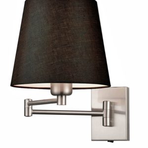 Franklite Francis dual hinged swing arm wall light in satin nickel finish with black shade on white background.
