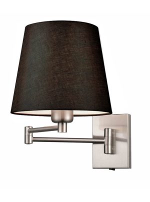 Franklite Francis dual hinged swing arm wall light in satin nickel finish with black shade on white background.