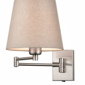 Franklite Francis dual hinged swing arm wall light in satin nickel finish with taupe shade on white background.