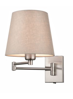Franklite Francis dual hinged swing arm wall light in satin nickel finish with taupe shade on white background.