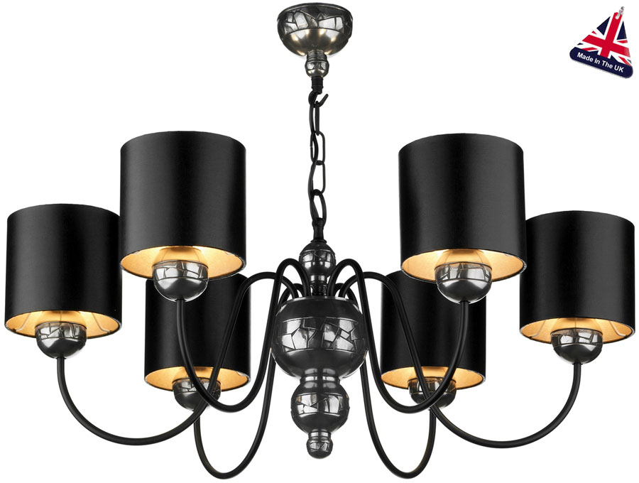 David Hunt Garbo 6 Light Pewter Chandelier Black Shades Silver Lined