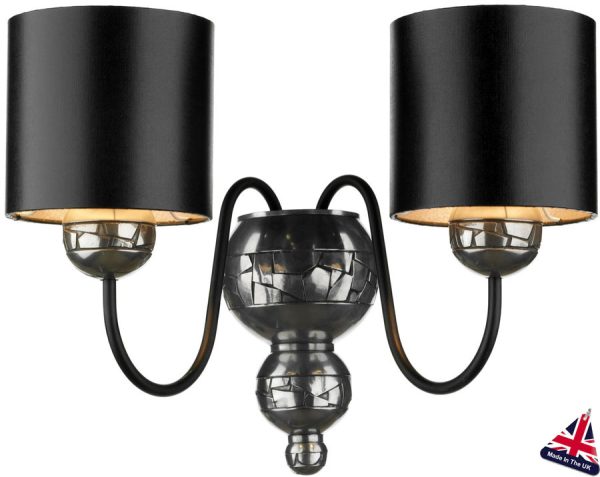 David Hunt Garbo Pewter Twin Wall Light Black Shades Silver Lined